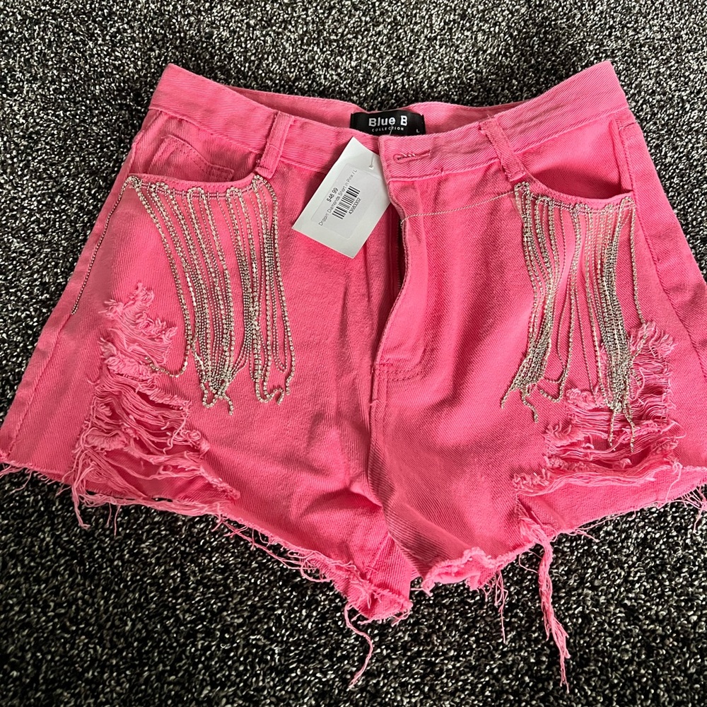 Brand new bling tassel pink denim shorts size large